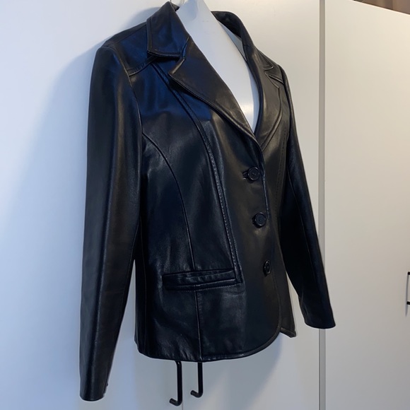 CANADIAN Leather Jacket Black Tailored EUC Sz 14 Large Leonardos Blazer Buttons - Picture 6 of 16